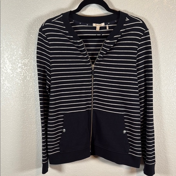 Barbour Navy Stripe Causeway Overlayer Full Zip  Nautical Sweatshirt Size 8 - Picture 1 of 7
